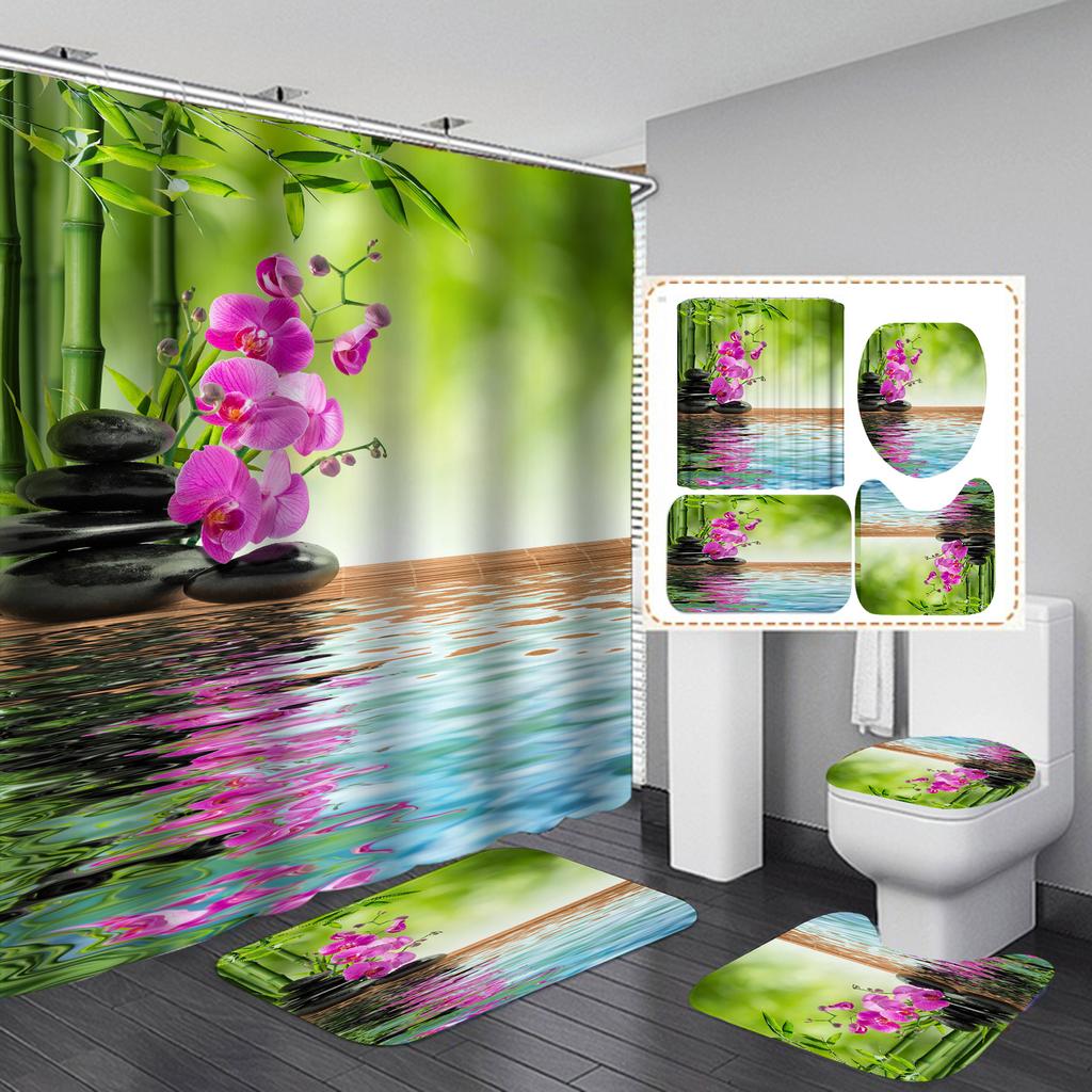 4ks Zen Green Bamboo Buddha Series Súpravy sprchových závesov do kúpeľne Protišmykové kúpeľňové koberčeky Veko WC kryt Podložka pod vaňu