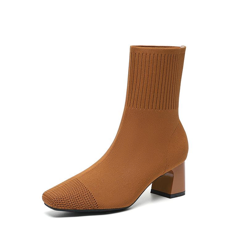 Socken-Stiefeletten für Damen, niedriger, klobiger Blockabsatz, dehnbare Slip-on-Booties, bequeme Chelsea-Stiefel aus elastischem Strick mit quadratischer Zehenpartie für Damen