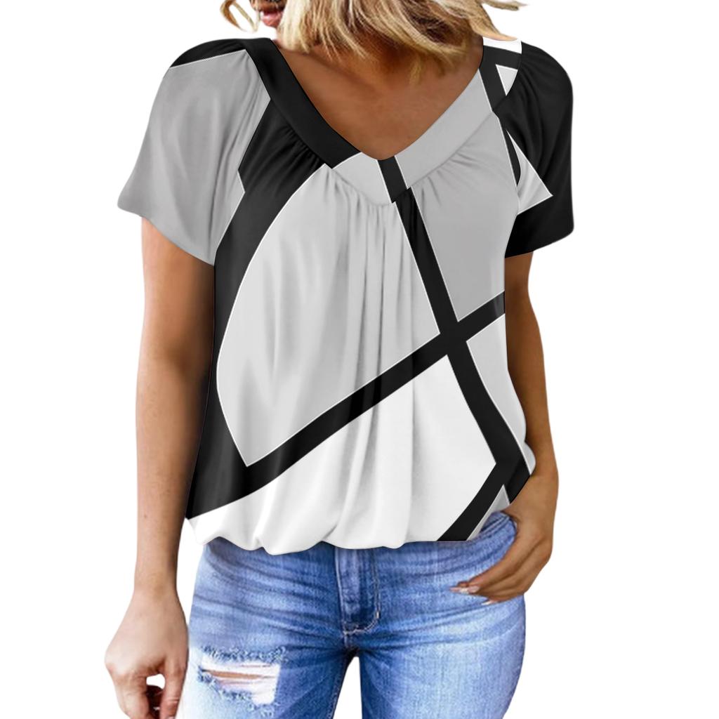 Women's Casual V Neck Short Sleeve Top Geometric Print Pleated Design Lightweight Soft Fabric Blouse for Everyday Wear