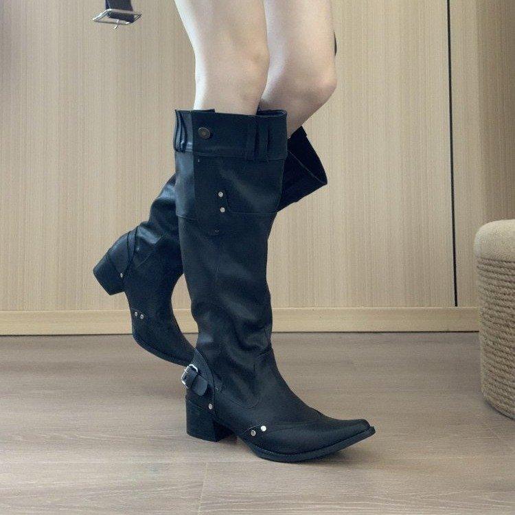 But knee boots women's 2025 autumn and winter khaki suede pointed boots children thick heel thin pleated piled boots