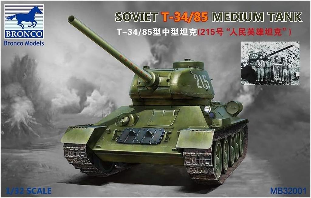 Bronco Models 1/32 Scale Soviet T-34/85 Medium Tank, Korean People's Hero No. 215, Plastic Model Kit CBM3201