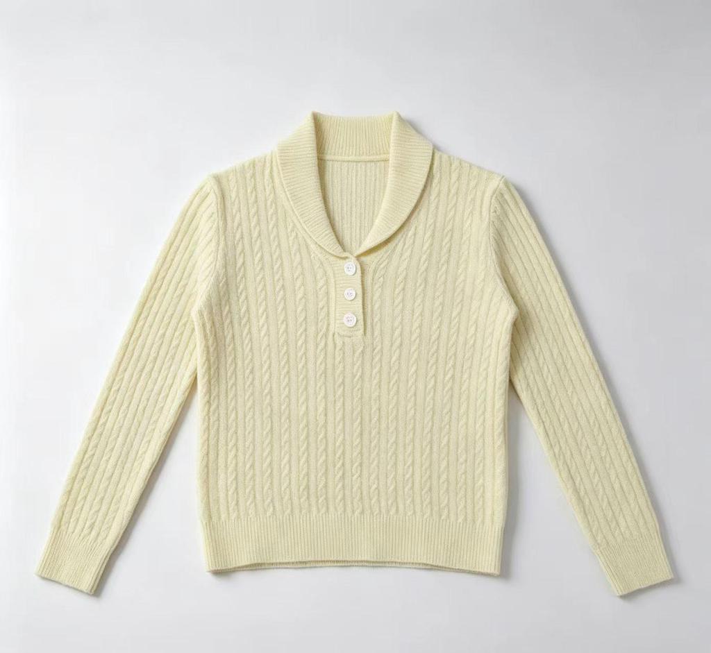 2026 Women's Solid Color Cable Knit Sweater with Cross-Stitch Buttons, Polo Collar, for Autumn/Winter.