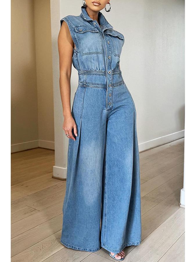 Women's Casual Washed Sleeveless Denim Jumpsuit with Wide-Leg Pants - TS1300 Cross-border Source