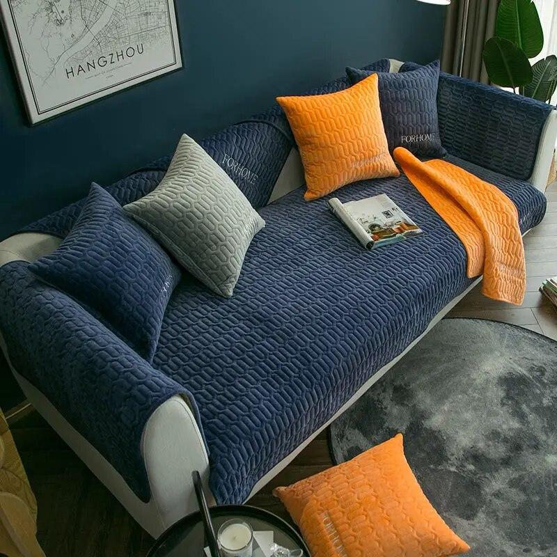 Plush sofa cushion modern solid color fabric anti-slip cushion universal living room thickening high-quality sofa decoration