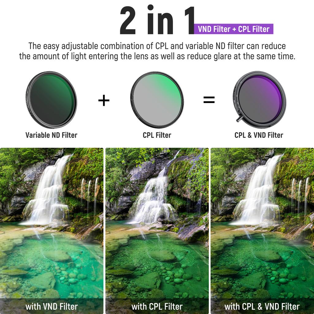 NEEWER True Colors Variable ND Filter ND2-ND32 & CPL, 2 In 1 Adjustable Neutral Density and Circular Polarizing Filter