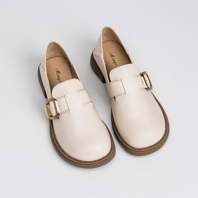 

Весна 2023 года, новые женские кожаные туфли, белые и черные мокасины, корейский стиль, средний каблук, повседневная обувь с ремнем, для вечеринок и офиса 38 слоновая кость