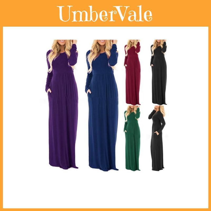 Elegante Abito Lungo Maxi Casual da Donna con Maniche Lunghe per Feste Serale