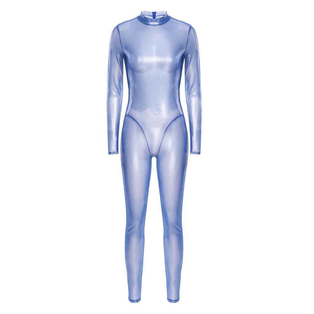 Dame Glinsende Metallisk Helkropps Unitard Langermet Høy Midje Leggings Stil Ryggglidelås Kattedrakt