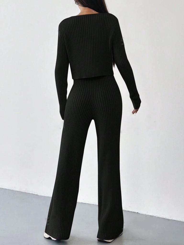 Solid Color Two-Piece V-Neck Short Knitted Cardigan Flared Pants