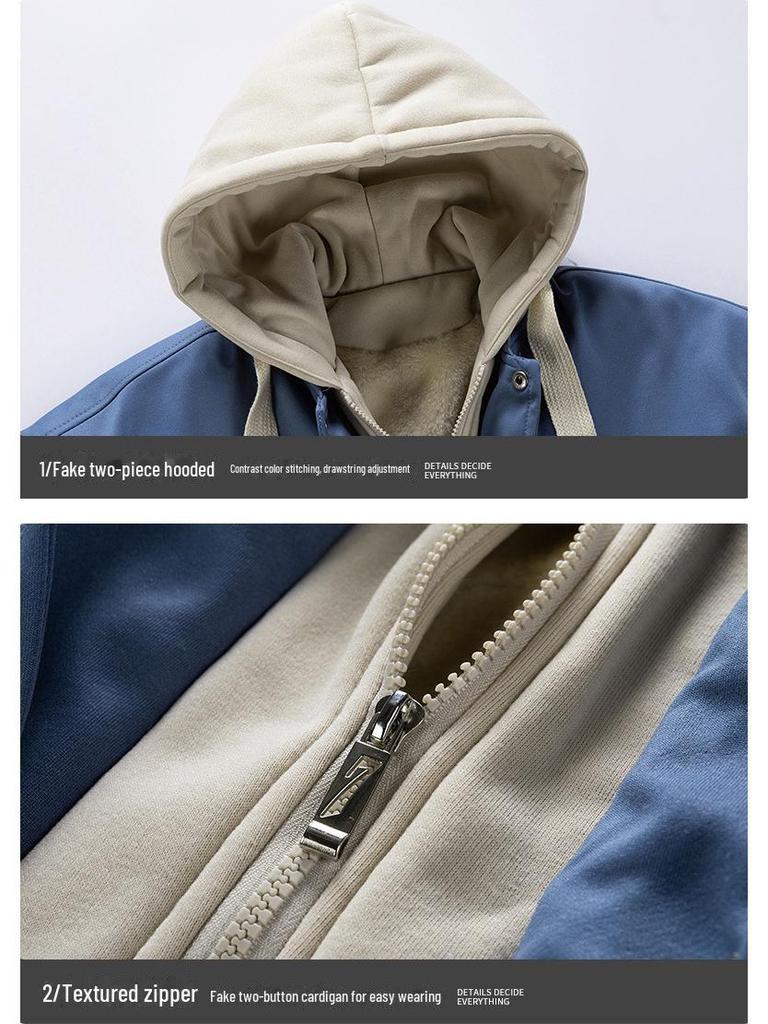 Men's Hong Kong Style Color Block Hooded Baseball Jacket - Trendy Brand, Faux Two-Piece, Plus Velvet Warmth, 2023 Edition