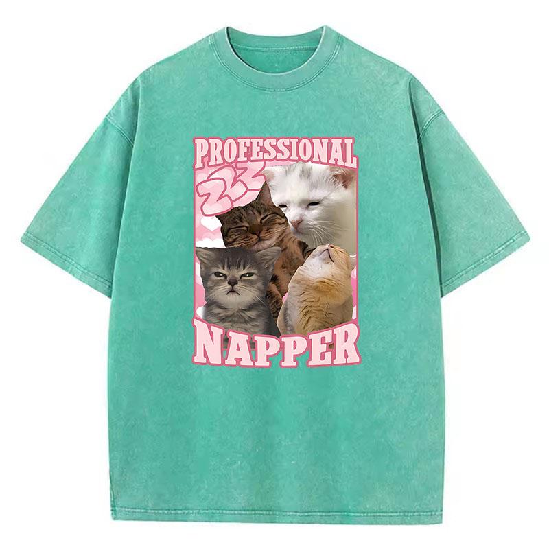 Aesthetics Kawaii Cat T Shirt Vintage Washed Cotton T-Shirt Graphic Tee Casual Streetwear Spring Summer Clothes