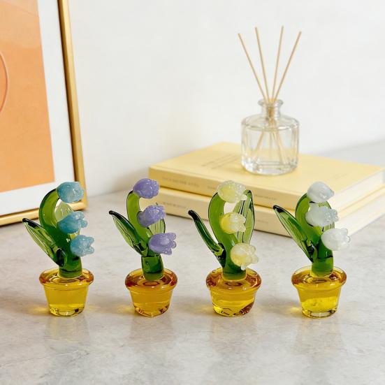 Mini Glass Lily of The Valley Flower with Pot Hand Blown Faux Crystal Flower Figurine for Mother's Day Birthday Table Centerpiece