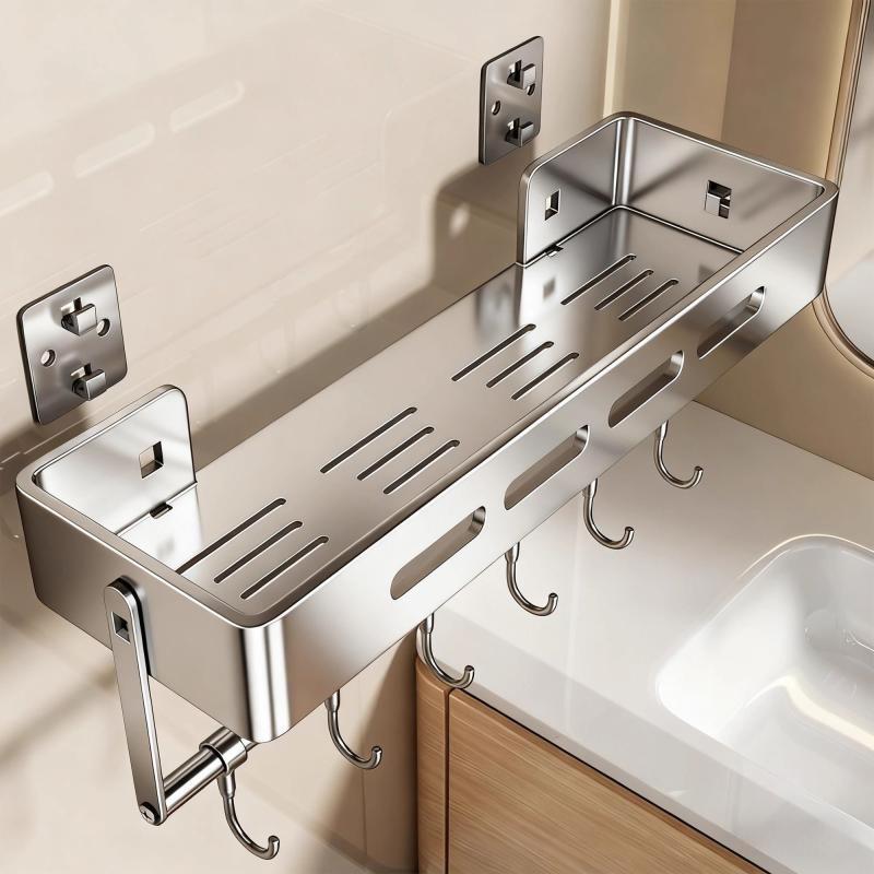 Stainless Steel Adhesive Wall-Mounted Bathroom Shelf