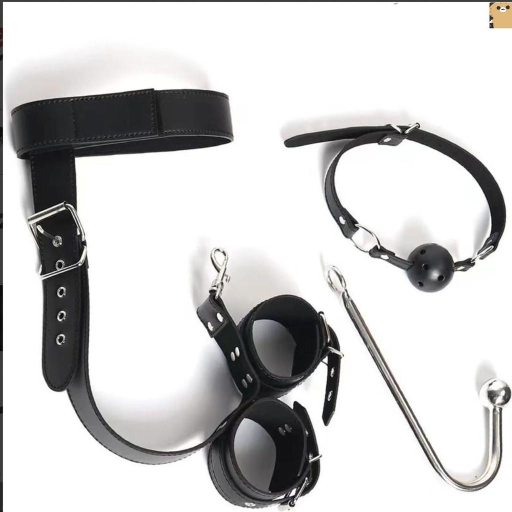 SM Adult Toys: Reverse Hand Gag with Upper & Lower Cuff Straps and Hooks, Metal Anal Plug, Leather Binding.