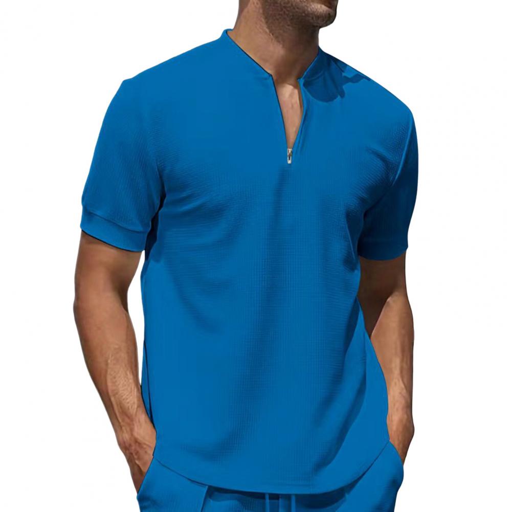 Men Stand Collar Shirt Short Sleeve Solid Color Pullover Top with Zipper Breathable Fitness Tee for Sports Travel Office Daily W