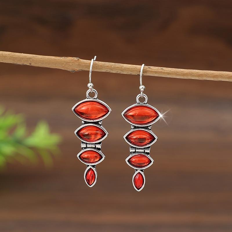 Vintage Round Oval Inlaid Red Stone Earrings Geometric Creativity Silver Color Dangle Earrings for Women Jewelry