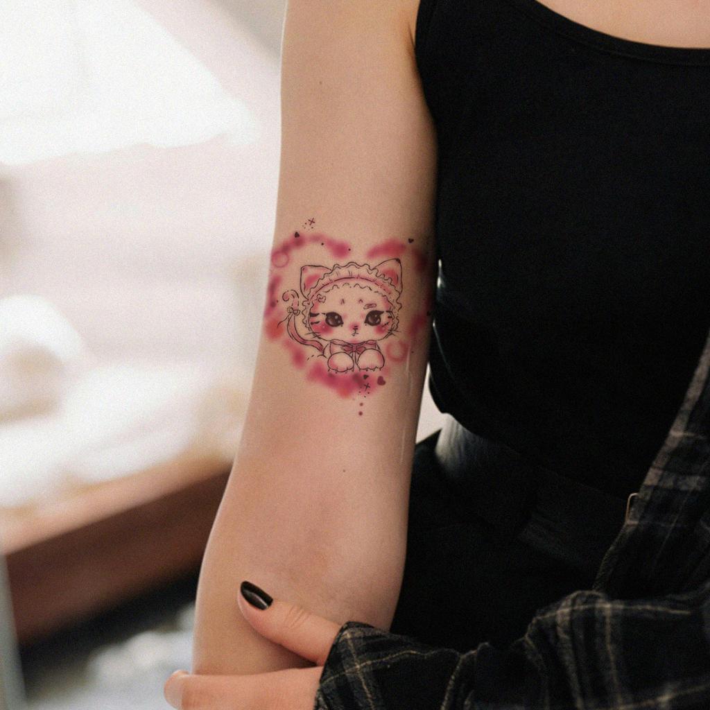 Pink Smudged Lolita Kitten Tattoo Sticker, Sweet Girl Cute Cartoon Wrist Waterproof And Long-Lasting Simulation Sticker