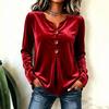 Women's Velvet V-Neck Button Front Long Sleeve Tunic Top - Elegant Dressy Blouse for Fall Winter