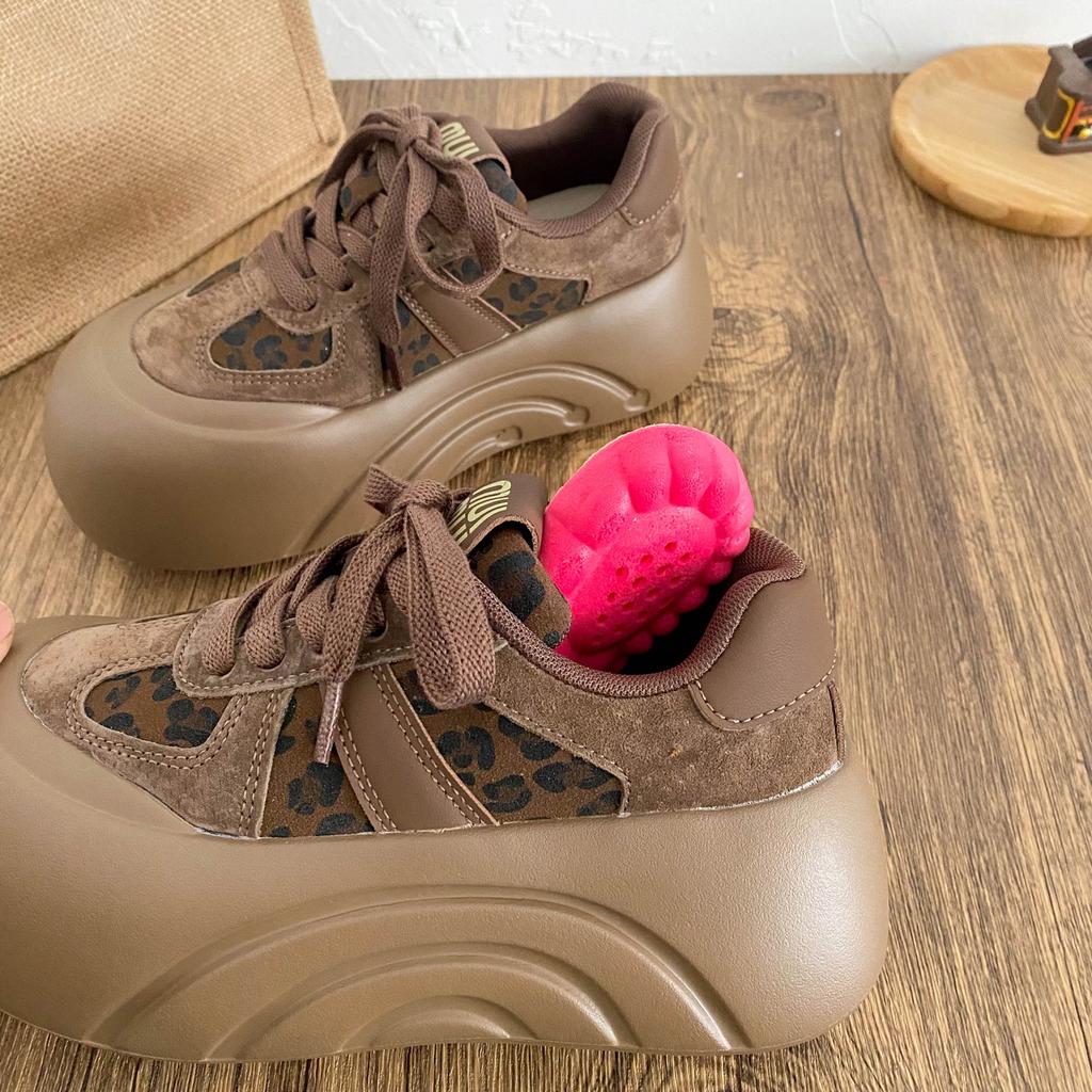 A350 latex insole/platform heightening board shoes women's shoes leopard print 2025 new round head chic Hong Kong style bread shoes