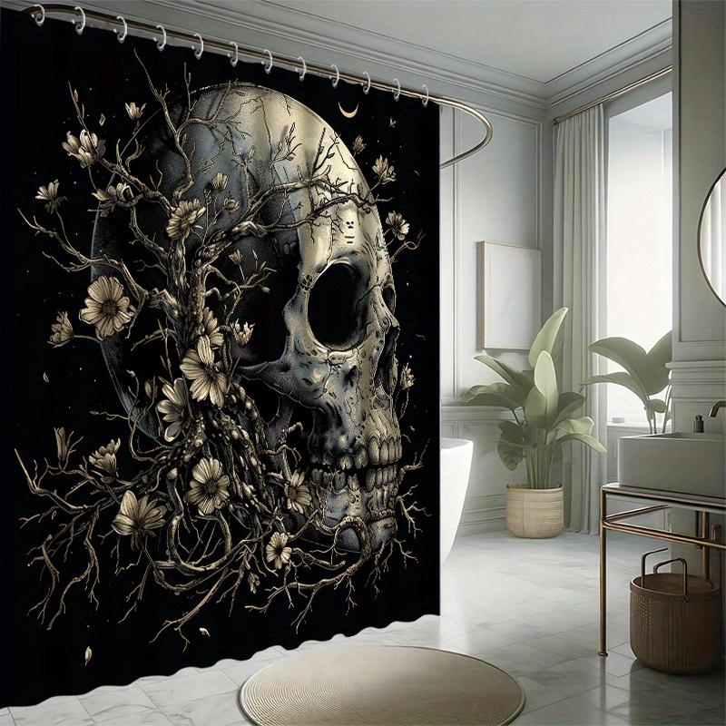 Halloween Skull and Flower Shower Curtain Set - 12 Hooks, Water-resistant Polyester, All-season, Abstract Pattern, Horror Theme