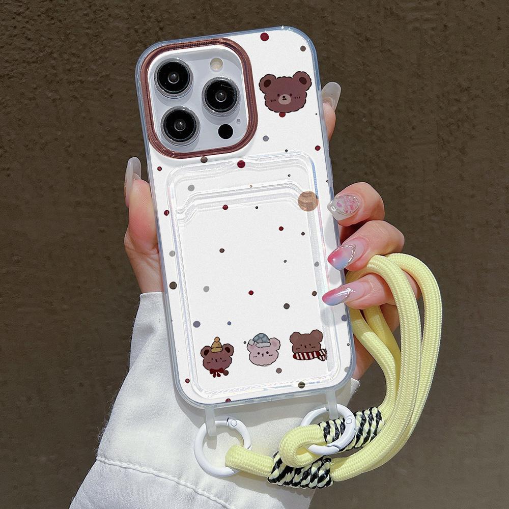 Cute Cartoon Bear Hang Chain Lanyard Phone Case For iPhone 13 11 12 14 15 16 Pro Max 7 8 Plus XR XS X SE  Card Holder Cover