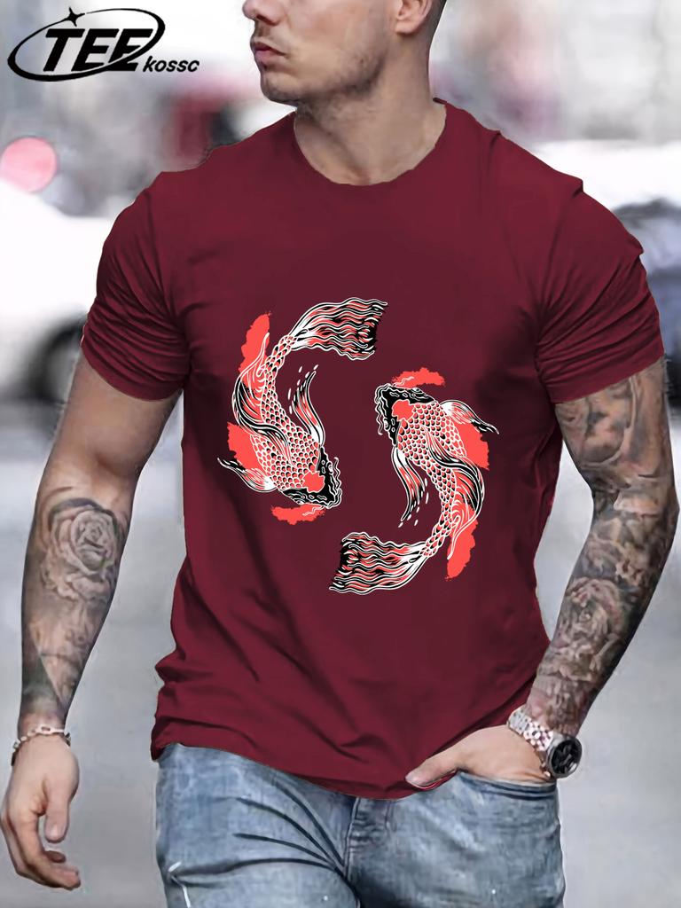 Japanese Harajuku Soaring Koi Print T Shirt Men Summer Casual Short Sleeve ONeck Loose TShirt Cotton Unisex Fashion Clothing