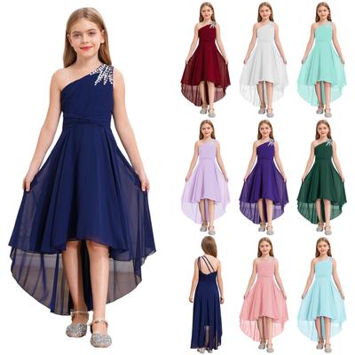 Kinder Mädchen One-Shoulder Junior Brautjungfernkleider Geraffte Lange Chiffon Formale Partykleid