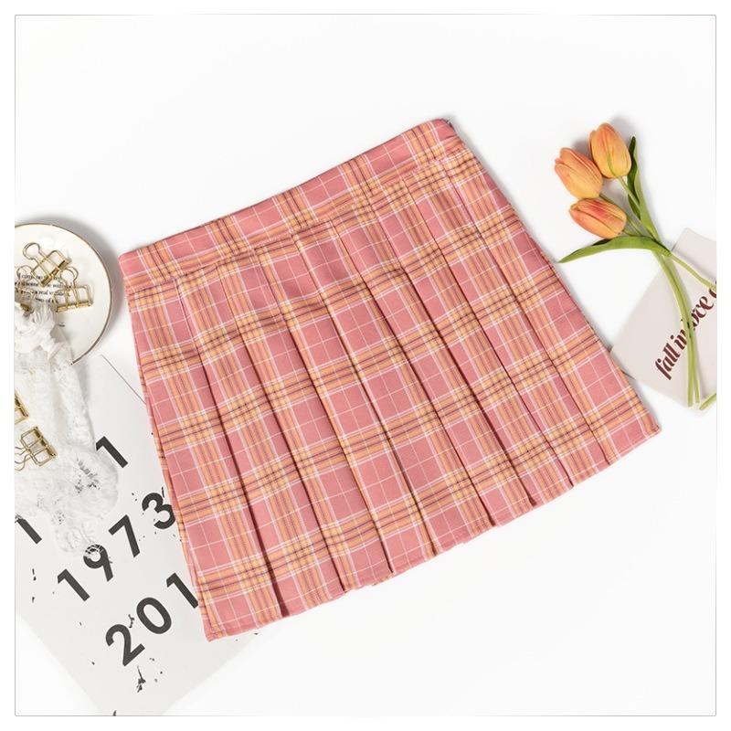 

Scione Женская клетчатая плиссированная юбка Короткая юбка Летняя юбка А-силуэта с высокой талией Юбки для студентов Юбки больших размеров 2XL розовый