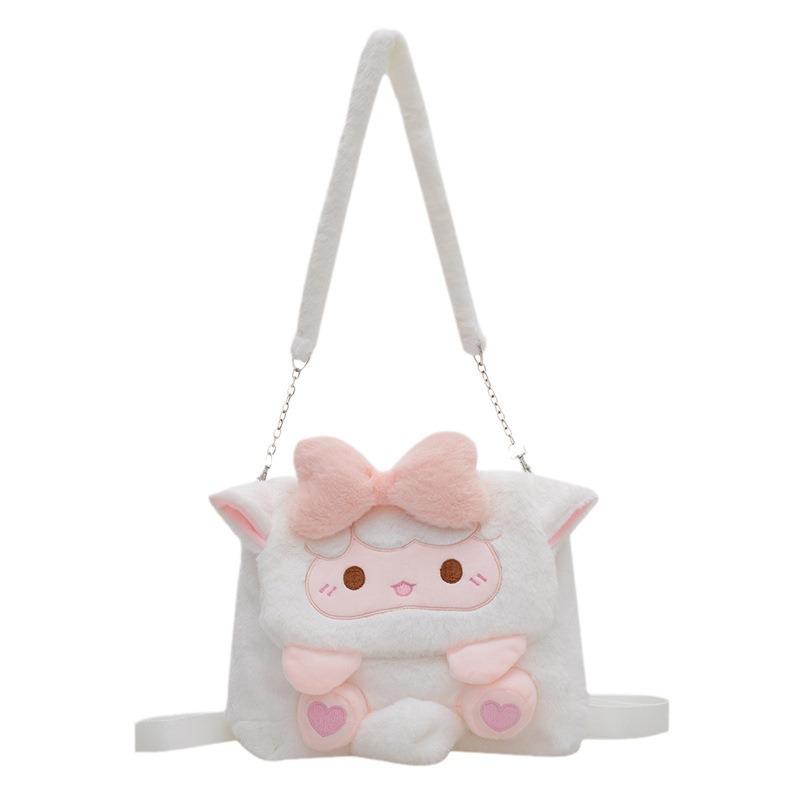 Cute Bow Lamb Plush Doll Messenger Bag Girl Soft Heart Cute Cartoon Student Double Shoulder Storage Bag