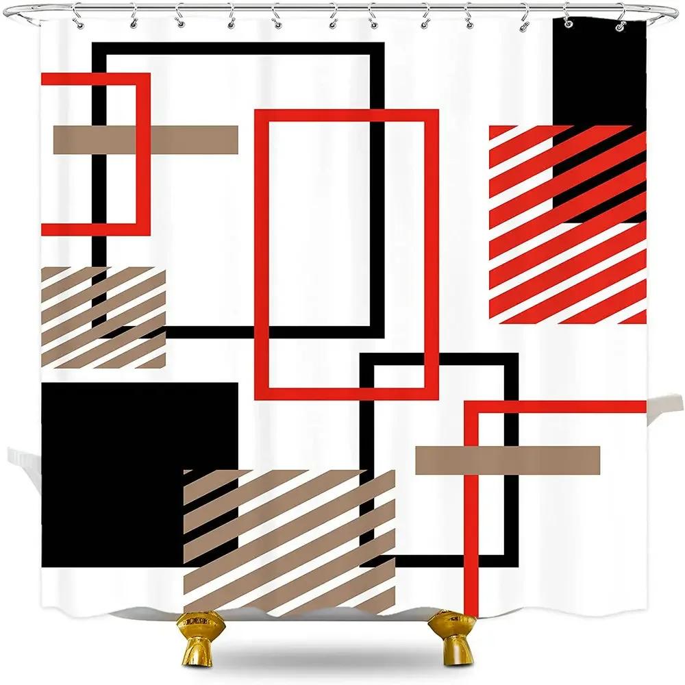 Abstract Geometric Shower Curtain Modern Minimalistic Black Red Lines Screen Aesthetic Square Shape Home Bathroom Bathtub Decor