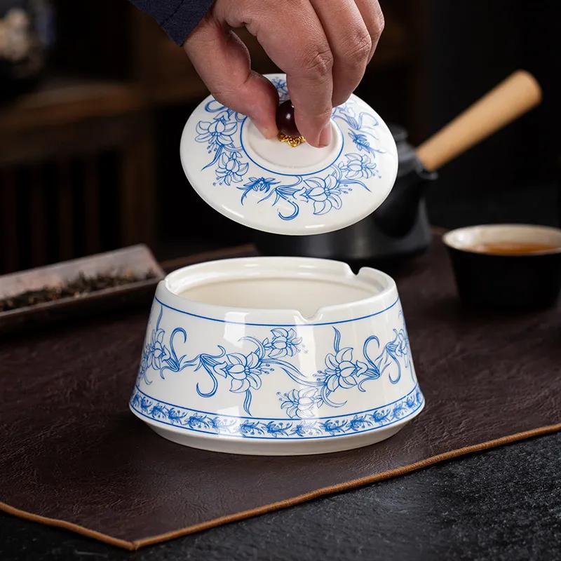 Ceramic Ashtray, Covered Anti Fly Ash Ashtray, Portable Desktop Ashtray, Chinese Style Ashtrays, Home Decoration Sugar Box