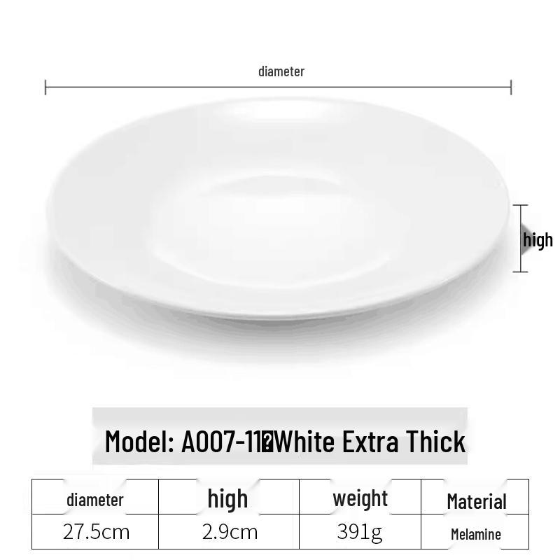 White Melamine Round Plate - Imitation Porcelain Tableware, Shallow Buffet Dinnerware Dish.