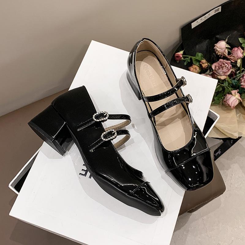 French Small Fragrant Style Square Head Thick Heel Summer New Women's Outer Wear Light Mouth One-word Buckle Belt Fashionable and Comfortable Si