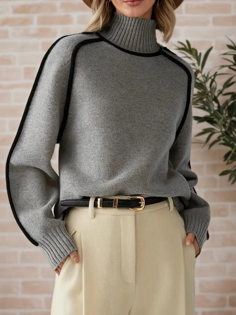 Herbst Winter Rollkragen Gestreifter Strickpullover Damen Lockerer Pullover