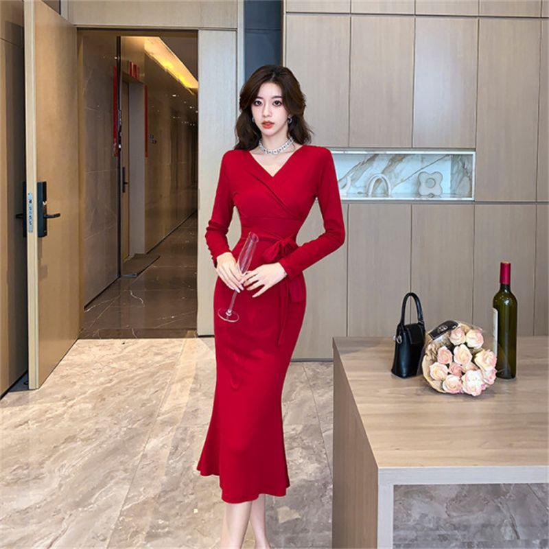 Pure desire style red chest long-sleeved dress women's clothing autumn and winter design sense slim temperament inner hip-wrapped dress