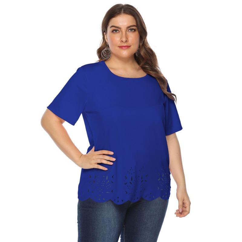 T-shirt da Donna Taglie Forti con Ricamo a Occhielli Girocollo Manica Corta Orlo Festonato Top Casual