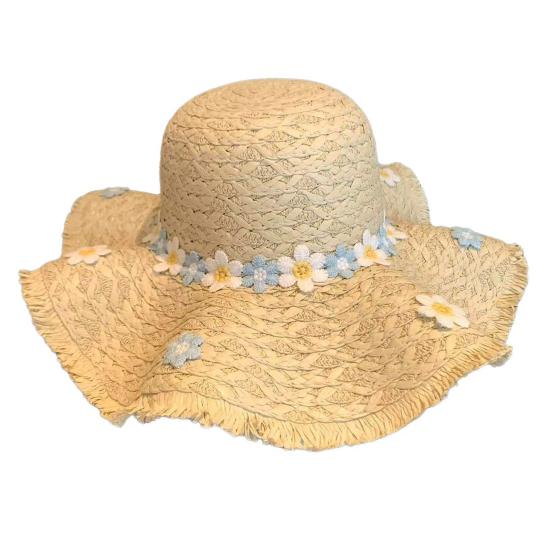 

Sun Hat Hand-Crocheted Chrysanthemums Large Brim Strong Sun Protection Wave Shape Face Slimming Vacation Style Travel Hat