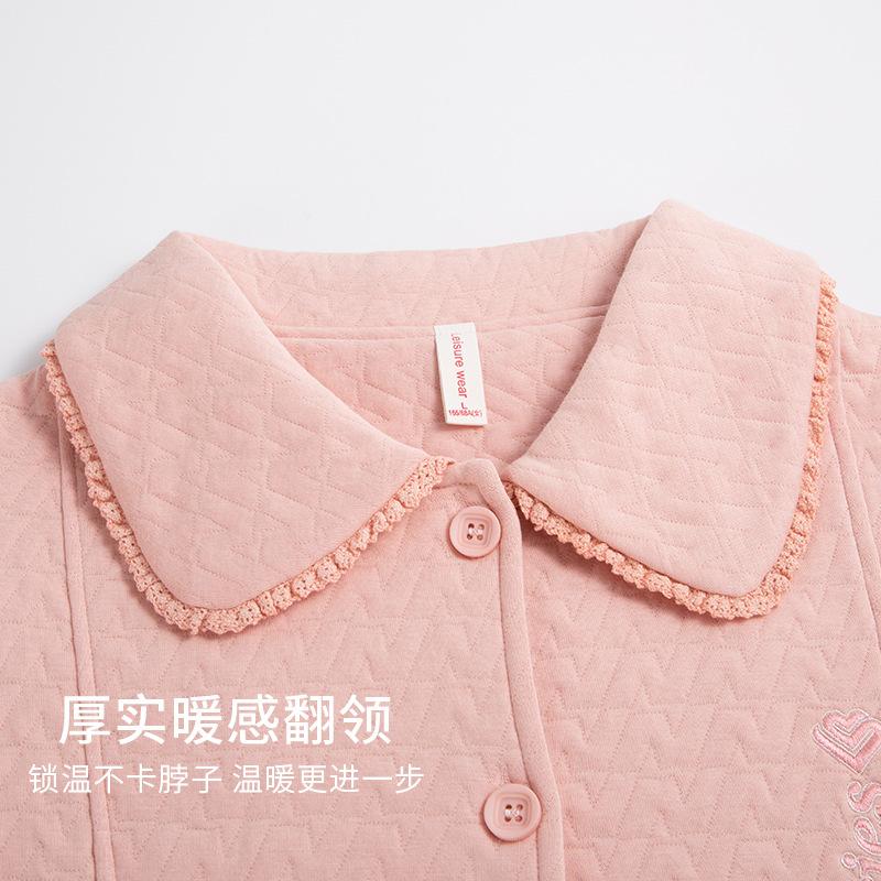 Pajamas Women'S Spring And Autumn Thickened Pure Cotton Long-Sleeved Autumn And Winter Large-Size Air Cotton Sandwich Loungewear Set