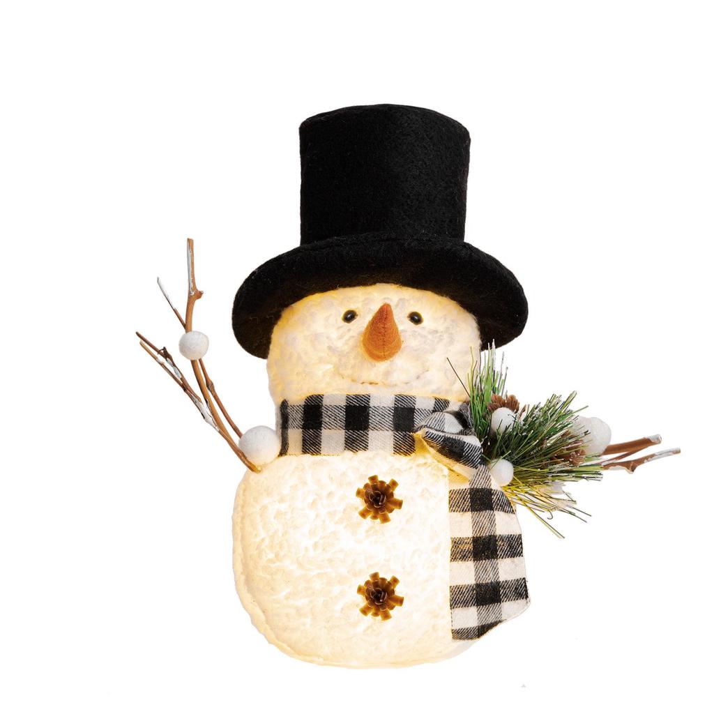 Christmas Luminous Snowman Ornament with Black & White Plaid Scarf Hat