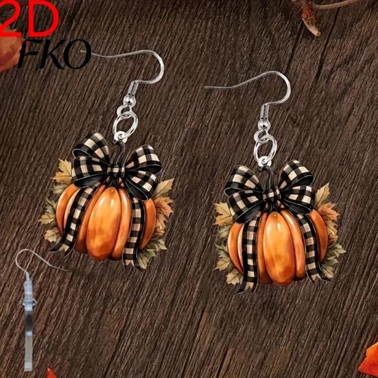 Fall Leaf Jewelry 1 Pair Pumpkin Earrings for Women, Acrylic Dangle Drop Autumn Theme with Plaid Bow, Halloween Holiday Party Retro Bow