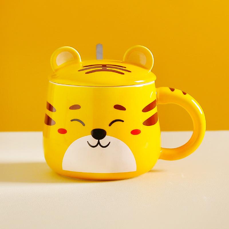 Cartoon Super Cute Little Tiger Mug Tiger Year Ceramic Water Cup with Lid and Spoon Home Office Breakfast Coffee Cup