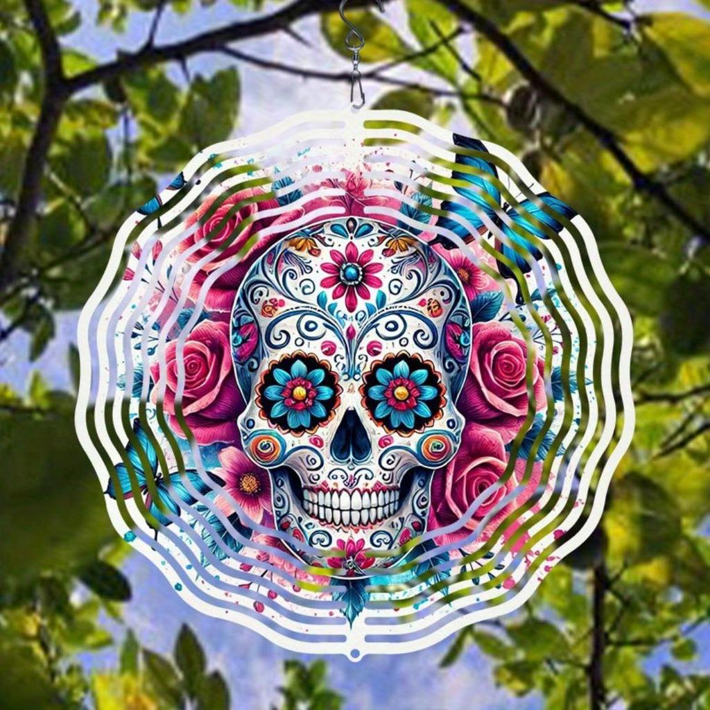 Metal Wind Chime with Rose Skull Butterfly Design for Indoor Outdoor Garden Decor Christmas Thanksgiving Holiday Hanging Ornament