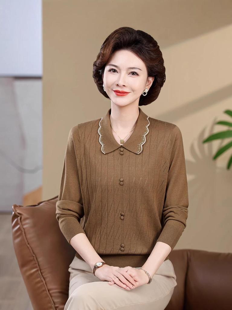 Elegant Knit Long-Sleeve Lapel Top for Middle-Aged Women: Spring/Autumn Casual Wear