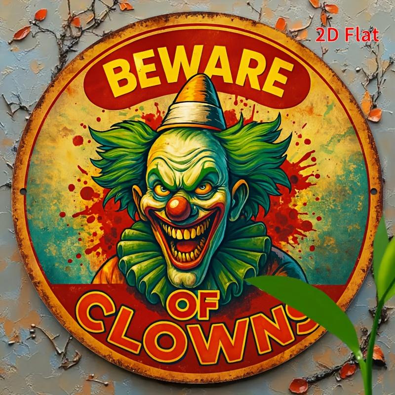 Beware of Clowns Creepy Vintage Round Metal Sign D Flat Printed Horror Clown Art Tin Plaque Spooky Halloween Haunted Hous 20x20cm(8x8inch)