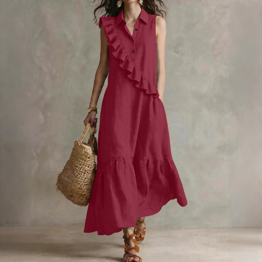 Women's Sleeveless V Neck Vintage Ruffle Midi Dress Casual Solid Relaxed Fit Summer Sundress for Daily Wear Vacation