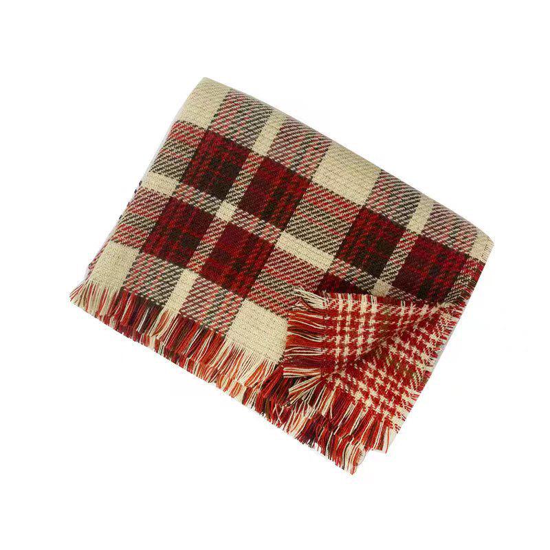 Korean Christmas Style Double-Sided Plaid Imitation Cashmere Scarf - Warm & Retro for Autumn/Winter.