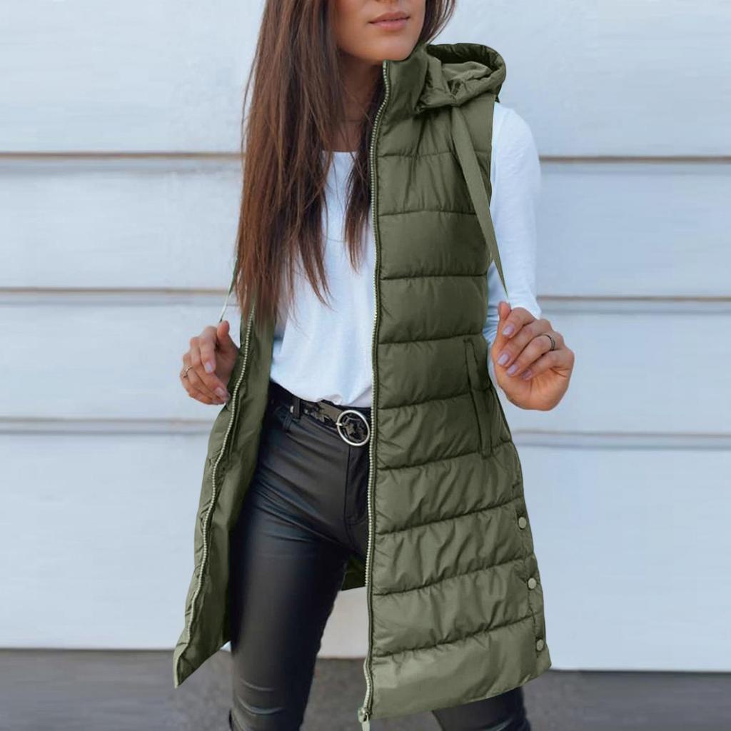 Damen Lange Weste Einfarbig Ärmellos Kapuze Winterweste Oberbekleidung Jacke Leichter Warmer Mantel Oberbekleidung