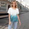 Damen T-Shirt mit lässigem Print, asymmetrischem Halsausschnitt, kurzen Ärmeln, dekorativen Knöpfen