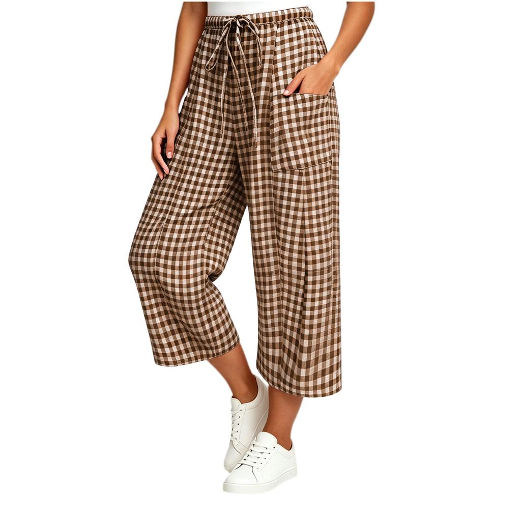 Women Loose Fit Plaid Wide Leg Pants with Drawstring Waist and Large Pockets Fashion Casual Trousers for Daily Wear