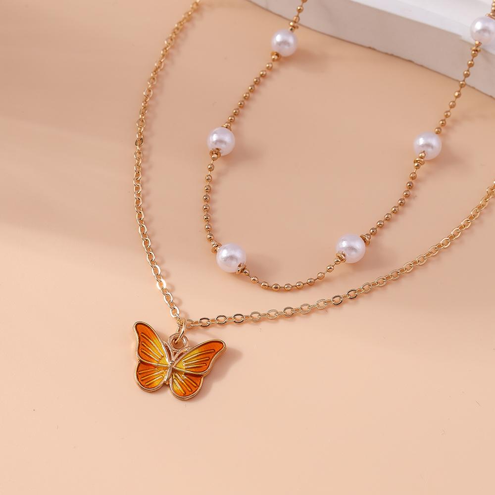 2pcs/set Cute Butterfly Pendant Necklace for Women Girls Pearl Beaded Choker Necklace Girls Party Holiday Jewelry Gifts